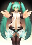  bad_id bad_pixiv_id center_opening detached_sleeves foreshortening green_eyes green_hair hands hatsune_miku hatsune_miku_(append) highres incoming_hug long_hair navel necktie outstretched_arms solo thighhighs twintails very_long_hair vocaloid vocaloid_append yaoya_musuko 