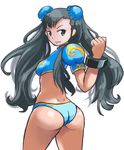  adapted_costume alternate_hairstyle ass bikini black_hair bracelet bun_cover chun-li clenched_hand crop_top highres jewelry long_hair looking_back midriff okera solo street_fighter swimsuit twintails 