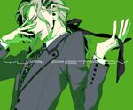  character_name formal green grey_hair hair_ornament hair_ribbon hairclip hand_on_own_face hoshino_lily lips long_hair male_focus necktie ponytail ribbon silver_hair solo suit tiger_&amp;_bunny yuri_petrov 