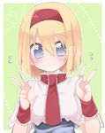  alice_margatroid blonde_hair blue_eyes closed_mouth double_v face hairband oinari_(tensaizoku) short_hair simple_background smile solo touhou upper_body v 