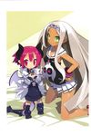  absurdres bat_wings blush bracelet cosplay costume_switch dark_skin demon_girl disgaea fur_trim green_eyes hands_on_hips harada_takehito heart highres horns jewelry kneeling long_hair looking_at_viewer makai_senki_disgaea_3 multiple_girls official_art pink_eyes pink_hair raspberyl raspberyl_(cosplay) sailor_collar sapphire_rhodonite sapphire_rhodonite_(cosplay) school_uniform short_hair skirt skull symbol-shaped_pupils symbol_in_eye tail thighhighs very_long_hair white_hair white_sailor_collar wings 