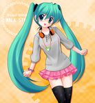  aoya_(hoshixii) green_eyes green_hair hatsune_miku headphones headphones_around_neck jewelry long_hair necklace osanpo_style_(module) project_diva_(series) project_diva_2nd skirt solo thighhighs twintails very_long_hair vocaloid 