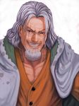  black_eyes facial_hair glasses grey_hair grin highres male_focus muscle one_piece realistic scar silvers_rayleigh smile solo yoshida_takanori 