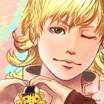  bad_id bad_pixiv_id barnaby_brooks_jr blonde_hair cabbie_hat close-up face green_eyes hat heart heart_hands lips mahoro1989 male_focus no_eyewear one_eye_closed signature solo tiger tiger_&amp;_bunny 