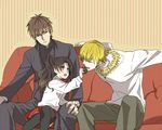  bad_id bad_pixiv_id blonde_hair brown_eyes brown_hair casual cookie couch dress fate/zero fate_(series) food gilgamesh green_eyes hair_ribbon jewelry kotomine_kirei long_hair necklace red_eyes ribbon toosaka_rin twintails younger youvvsuke 