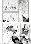  2girls alice_margatroid bow cloud comic doujinshi dress greyscale highres hourai_doll lance monochrome morino_hon multiple_girls pantyhose polearm scan touhou translated weapon 