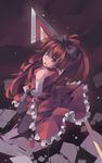  black_legwear bow broken_ground clenched_hand detached_sleeves dress hair_bow highres huanxiang_huifeng long_hair magical_girl mahou_shoujo_madoka_magica open_mouth polearm ponytail red_dress red_eyes red_hair sakura_kyouko solo spear thighhighs weapon 