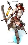  armor belt gloves horns kingdom_death lantern lips lokman_lam polearm red_hair reverse_grip skull solo spear sword thighhighs weapon 