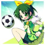  ball bike_shorts choker cure_march green green_choker green_eyes green_hair green_shorts green_skirt kanibasami midorikawa_nao open_mouth ponytail precure short_hair shorts shorts_under_skirt skirt smile smile_precure! soccer soccer_ball solo telstar 