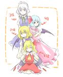  :o blonde_hair blush braid closed_eyes crossed_arms dress flandre_scarlet hand_on_head izayoi_sakuya kirisame_marisa kneeling maid_headdress multiple_girls no_hat no_headwear purple_eyes red_eyes remilia_scarlet silver_hair sitting sketch smile tamaki_hakobe touhou translated twin_braids v yellow_eyes 