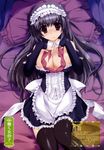  absurdres apron bare_shoulders black_hair black_legwear breasts cleavage covered_nipples detached_collar detached_sleeves frown highres large_breasts long_hair lying maid maid_headdress on_back original red_eyes skirt solo thighhighs top_pull tsukinon 
