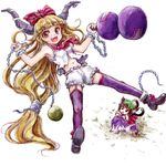  :&lt; animal_ears bare_shoulders blonde_hair bloomers bow brown_eyes brown_hair cat_ears cat_tail chain chen cuffs dress fang flying flying_sweatdrops from_above garter_straps gourd grass hair_bow hair_ribbon hat holding_skirt horn_ribbon horns ibuki_suika long_hair long_sleeves looking_at_another looking_at_viewer looking_up lowres lying midriff multiple_girls multiple_tails nanashii_(soregasisan) navel on_back open_mouth ribbon shackles shoes short_hair skirt skirt_removed sleeveless standing tail thighhighs touhou underwear very_long_hair vest wrist_cuffs yellow_eyes 