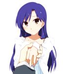  blue_hair blush brown_eyes closed_mouth face foreshortening hands holding_hands idolmaster idolmaster_(classic) kisaragi_chihaya long_hair looking_at_viewer out_of_frame pov pov_hands smile takeya_yuuki 