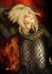  absurdres armor blonde_hair fire highres knight lips lipstick long_hair luan_(ares6792) makeup original pale_skin realistic removing_helmet solo 