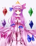  bad_id bad_pixiv_id bow breasts cleavage crescent crystal hair_bow hat long_hair medium_breasts patchouli_knowledge purple_eyes purple_hair smile solo touhou uiroutsuji_yumihiko 
