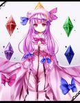  bad_id bad_pixiv_id bow breasts cleavage crescent crystal hair_bow hat long_hair medium_breasts patchouli_knowledge purple_eyes purple_hair revision smile solo touhou uiroutsuji_yumihiko 