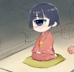 aratagawa_nikei ball black_hair blue_eyes blush character_request chest_of_drawers copyright_request cyclops frown japanese_clothes kimono monster_girl one-eyed pillow seiza sitting solo temari_ball 