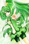  big_hair bike_shorts breasts choker cure_march dress fu-maru green green_background green_eyes green_hair green_shorts green_skirt long_hair medium_breasts midorikawa_nao pointing ponytail precure shorts shorts_under_skirt skirt smile smile_precure! solo tiara traditional_media tri_tails 