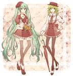  closed_umbrella dress fashion flower green_eyes green_hair gumi hand_on_hip hat hatsune_miku jewelry long_hair multiple_girls necklace pantyhose shivue striped striped_legwear thighhighs twintails umbrella vertical-striped_legwear vertical_stripes very_long_hair vocaloid 