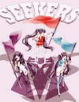  ass bad_id bad_pixiv_id black_hair flag gloves high_heels highres long_hair multiple_girls necktie nogusa personification red_eyes shadow shoes skywarp smile starscream thighhighs thundercracker transformers twintails very_long_hair 