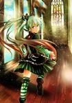  absurdres bad_id bad_pixiv_id corset detached_sleeves dress earrings from_behind green_hair hair_ribbon hatsune_miku highres jewelry light_particles long_hair looking_back mikaharu necklace ribbon solo striped striped_legwear thighhighs twintails very_long_hair vocaloid 