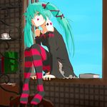  absurdres arm_support book cup detached_sleeves dress green_eyes green_hair hair_ribbon hatsune_miku highres long_hair nucomiso ribbon sitting sitting_in_window solo striped striped_legwear teacup thighhighs twintails vocaloid window 