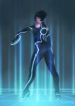  ass black_hair blue_eyes bob_cut bodysuit chakram disc_(tron) halterneck looking_back neon_trim quorra science_fiction tron tron:_legacy weapon wooc83 