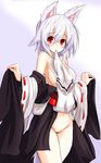  alternate_costume animal_ears blush breasts censored detached_sleeves groin highres inubashiri_momiji kourindou_tengu_costume medium_breasts midriff mouth_hold navel nipples no_hat no_headwear pussy_juice red_eyes silver_hair solo tail topless touhou wide_sleeves wolf_ears wolf_tail yu-ves 