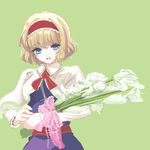  alice_margatroid blonde_hair blue_eyes bouquet capelet dress flower hairband hir0sun open_mouth ribbon short_hair solo touhou 