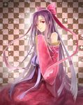  bare_shoulders bow checkered checkered_background hair_bow hair_ornament hair_over_one_eye hairclip highres japanese_clothes kasugano_tsubaki kimono long_hair mirai_nikki purple_hair red_eyes solo very_long_hair xxx_sherry 