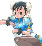  black_eyes black_hair black_legwear bracelet bun_cover china_dress chinese_clothes chun-li double_bun dress highres jewelry looking_at_viewer okera pantyhose simple_background solo spiked_bracelet spikes street_fighter white_background 