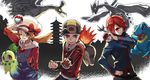  2boys alternate_costume backwards_hat baseball_cap bird black_hair brown_eyes brown_hair chikorita cyndaquil ecruteak_city gen_2_pokemon gold_(pokemon) hair_over_one_eye hat ho-oh holding holding_poke_ball honda_yuita kotone_(pokemon) legendary_pokemon lugia multiple_boys one_eye_closed overalls pagoda poke_ball pokemon pokemon_(creature) pokemon_(game) pokemon_hgss red_eyes red_hair silver_(pokemon) totodile tower twintails 