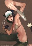  animal_ears barefoot bikini_top brown_hair camera capri_pants cat copyright_request fang fish foreshortening glasses hat lokman_lam panties pants solo underwear 