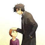  black_eyes black_hair brown_hair child emiya_kiritsugu emiya_shirou facial_hair fate/zero fate_(series) father_and_son hand_in_pocket hand_on_another's_head height_difference honda_yuita male_focus multiple_boys orange_hair stubble yellow_eyes younger 