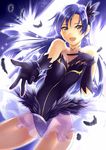  :d bad_id bad_pixiv_id bare_shoulders black_gloves blue_hair brown_eyes earrings feathers gloves hair_feathers hair_ornament idolmaster idolmaster_(classic) jewelry kisaragi_chihaya leotard long_hair nidoro open_mouth pantyhose sheer_legwear smile solo tears 