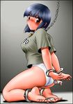  arms_behind_back ass barefoot bdsm blue_hair blush bondage bound bound_ankles bound_wrists breasts brown_eyes chain cuffs feet handcuffs hobble kneeling large_breasts lock no_pants original padlock panties shingyouji_tatsuya short_hair solo thumbcuffs toecuffs underwear 