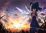  blue_dress blue_eyes blue_hair blush bow cirno cloud dress field grass hair_bow hands_on_own_chest light_rays shirt short_hair sky smile solo standing star_(sky) sunbeam sunlight sunset touhou twilight wings yushika 