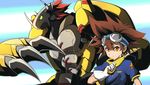  armor bad_id bad_pixiv_id brown_eyes brown_hair claws digimon digimon_adventure digivice gauntlets gloves glowing glowing_eye goggles goggles_on_head green_eyes highres horns lemon_(wzcrybmi) male_focus red_hair wargreymon white_gloves yagami_taichi 