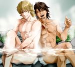  barnaby_brooks_jr blonde_hair brown_hair crossed_legs crouton256 green_eyes kaburagi_t_kotetsu multiple_boys nude partially_submerged sitting smile thumbs_up tiger_&amp;_bunny water 