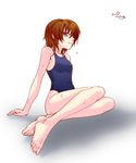  barefoot blue_eyes brown_hair jin_nai lyrical_nanoha mahou_shoujo_lyrical_nanoha mahou_shoujo_lyrical_nanoha_a's mahou_shoujo_lyrical_nanoha_a's_portable:_the_battle_of_aces material-s one-piece_swimsuit short_hair solo swimsuit wet 
