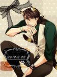  amata096 animal_ears bad_id bad_pixiv_id bracelet brown_eyes brown_hair dated extra_ears facial_hair jewelry kaburagi_t_kotetsu kemonomimi_mode licking male_focus necktie solo stubble tail tiger_&amp;_bunny tiger_ears tiger_tail vest waistcoat watch wristwatch 