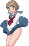  blush brown_eyes brown_hair copyright_request open_mouth panties pleated_skirt school_uniform serafuku shingyouji_tatsuya short_hair simple_background skirt skirt_lift solo underwear white_background wind wind_lift 