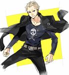  bad_id bad_pixiv_id barbell_piercing belt black_eyes blonde_hair bullet clenched_hand ear_piercing jacket jacket_on_shoulders jolly_roger long_sleeves looking_at_viewer male_focus muscle nose_piercing pants persona persona_4 piercing scar smile solo standing tatsumi_kanji yoshida_morohe 