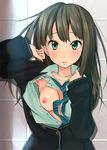  adjusting_hair against_wall aqua_eyes arm_up armpits blush breast_slip breasts brown_hair cardigan collarbone earrings highres ichinose_yuu idolmaster idolmaster_cinderella_girls jewelry long_hair looking_at_viewer medium_breasts necklace necktie nipples no_bra one_breast_out open_clothes open_shirt parted_lips school_uniform shibuya_rin shirt solo unbuttoned 