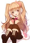  :d black_legwear blush boots bow brown_eyes brown_hair chocolate chocolate_heart coat earmuffs hairband heart holding long_hair mittens nana_mikoto open_mouth original pantyhose ribbon scarf simple_background sitting smile solo twintails white_background 