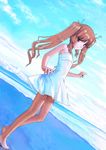  ano_natsu_de_matteru bare_legs bare_shoulders barefoot beach blue_sky brown_eyes brown_hair cloud day flat_chest hair_ribbon hands highres long_hair long_legs mocha_(snowflake) ocean outdoors ribbon see-through skirt sky smile solo twintails water white_skirt yamano_remon 