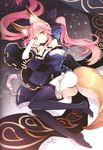  animal_ears ass bare_shoulders black_legwear breasts cleavage detached_sleeves face fate/extra fate_(series) fox_ears fox_tail japanese_clothes long_hair medium_breasts pink_hair scan solo tail tamamo_(fate)_(all) tamamo_no_mae_(fate) tearfish thighhighs yellow_eyes 