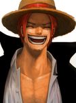  closed_eyes hat highres laughing male_focus muscle one_piece open_clothes open_mouth open_shirt red_hair scar shanks shirt smile solo straw_hat teeth yoshida_takanori 