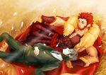  absurdres armor black_hair cape fate/zero fate_(series) feathers highres male_focus multiple_boys red_eyes red_hair rider_(fate/zero) sleeping suishi666 waver_velvet 