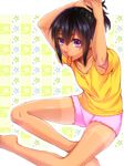  adjusting_hair bare_legs barefoot black_hair mouth_hold original purple_eyes shorts solo tan tanline zareuta 